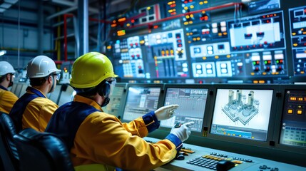 Two men in hard hats sit in a control room looking at monitors, one points at a screen.
