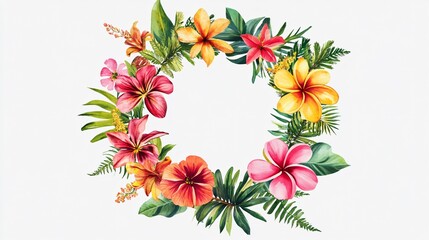 Naklejka premium Ornamental circle of tropical flowers and ferns, floating against a plain white backdrop, vibrant hues bursting from each plant