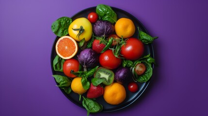 A diverse selection of fresh fruits and vegetables creatively arranged on a black plate, highlighted against a rich purple background. Ideal for promoting healthy eating and vibrant lifestyle choices.