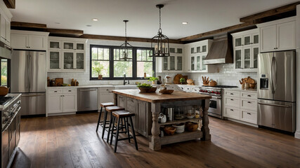 A Warm, Rustic Kitchen With Wooden Beams, Farmhouse-style Cabinets, And Vintage Appliances