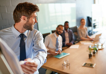 Happy businessman, presentation and discussion with whiteboard for review, coaching or training staff at office. Man, speaker or spokesperson with group of employees for business meeting in boardroom