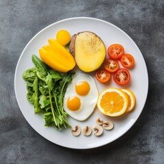 Healthy breakfast of eggs, vegetables, and fruit on a white plate.