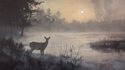 Lone Deer in Misty Meadow at Dawn