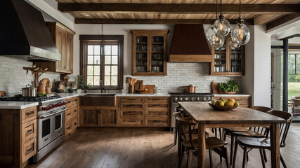 A Warm, Rustic Kitchen With Wooden Beams, Farmhouse-style Cabinets, And Vintage Appliances