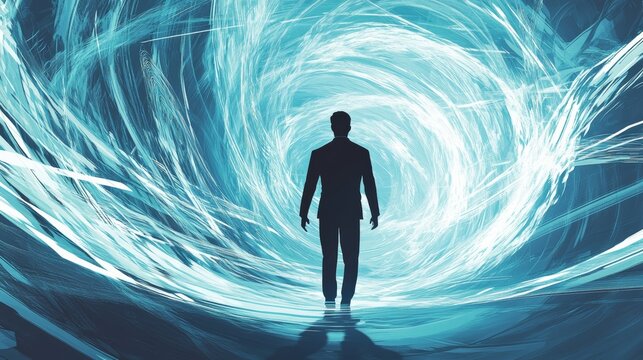 Businessman silhouette entering a swirling vortex of digital energy and data. Concept for innovation and transformation.