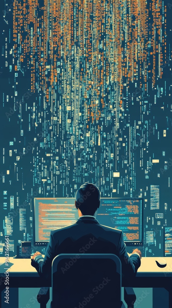 Fototapete Man coding at a workstation surrounded by lines of digital data. Programming and software engineering concept.