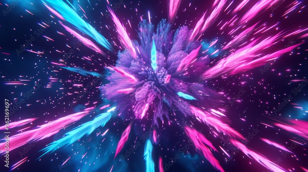 Poster dynamic abstract image showcasing an intense burst of vibrant pink and blue streaks, creating a visu