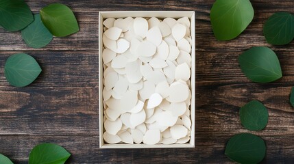 A small box of wedding confetti made of biodegradable paper leaves, confetti, paper leaves, box