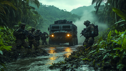 Obraz premium A squad of advanced soldiers maneuvering through a jungle terrain during a tactical operation at dawn