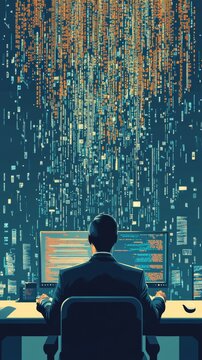 Man coding at a workstation surrounded by lines of digital data. Programming and software engineering concept.