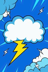 Vibrant comic style background with clouds and lightning bolts