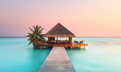 Tropical Island Hut on a Jetty in the Maldives with Sunbeds and Dining Table AI generated illustration