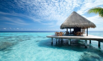 Island Resort's Thatched Roof Cabana with Wooden Deck and Ocean Pier in the Maldives AI generated illustration