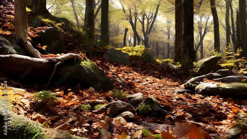 Poster sunlight streams through the trees of a lush forest, illuminating the moss covered rocks and fallen 