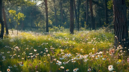 Obraz premium A lush field of wildflowers thrives in a sun-dappled forest clearing, with tall trees casting long shadows.