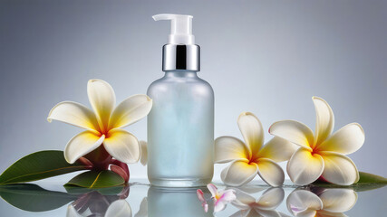 Mock up the collagen hydrating serum or any beauty product  in glass bottle from natural ingredients, placed on mirrored glass, surrounded frangipani flowers.