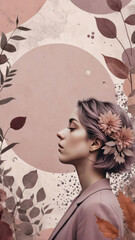 Surreal portrait of with a women in profile, surrounded by cutout images of autumn flowers, leaves, geometric shapes, plants and abstract patterns in muted mauve and dusty rose colors.