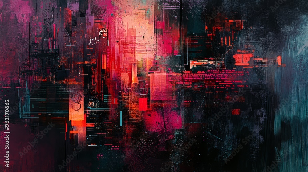 Poster abstract digital artwork with vibrant red and pink hues resembling a futuristic cityscape. layers of