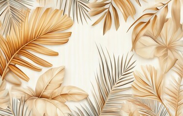 Luxury Beige Palm Leaves and Tropical Plants Pattern on White Background. AI generated illustration