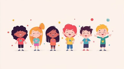 Fototapeta premium Diverse Children Celebrating Kids Day with Cute Cartoon Illustration