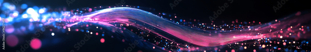 Poster flowing abstract light waves create mesmerizing visual effect with vibrant colors and glowing partic