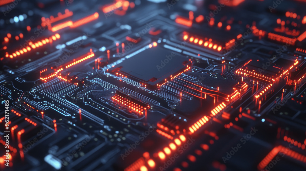 Poster close up of high tech microchip with glowing circuits and intricate details, showcasing advanced tec
