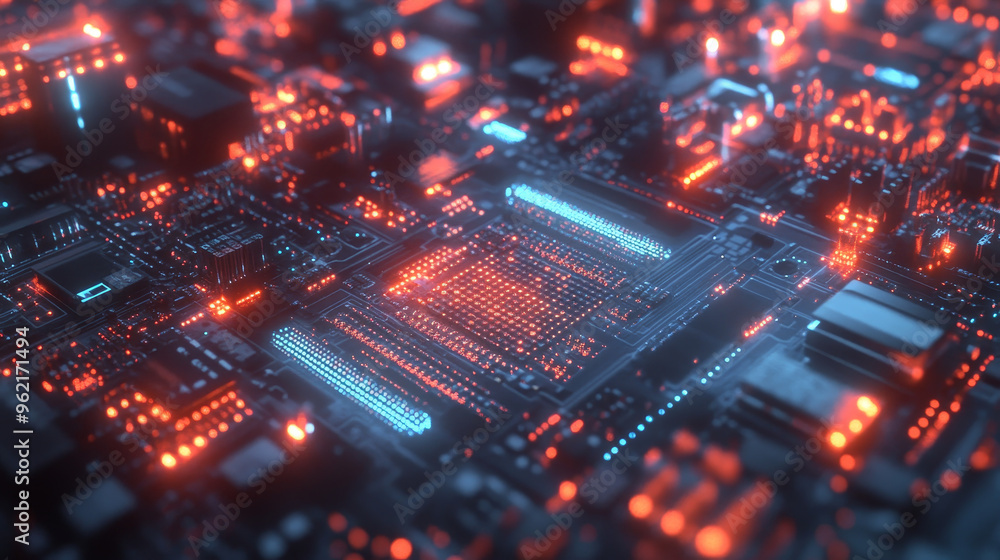 Poster close up of high tech microchip with glowing circuits, showcasing intricate details and vibrant colo