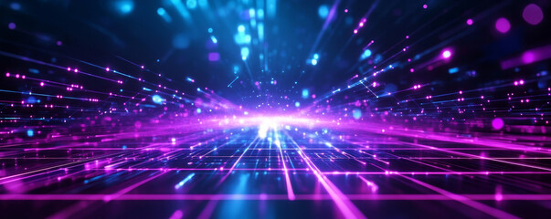 Fototapeta premium Futuristic digital grid with neon glow creates vibrant atmosphere of energy and motion.
