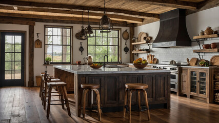 Fototapeta premium A Warm, Rustic Kitchen With Wooden Beams, Farmhouse-style Cabinets, And Vintage Appliances