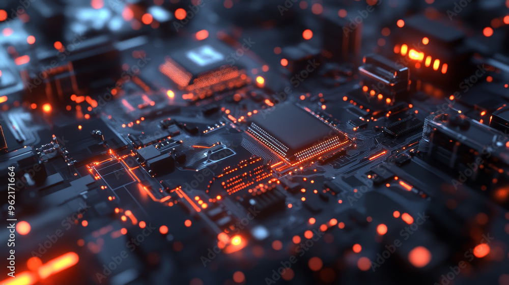 Poster futuristic circuit board with glowing elements and intricate details, showcasing advanced technology