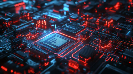 Obraz premium Futuristic circuit board with glowing red and blue elements, showcasing intricate details and technology.