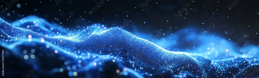 Poster glowing waves of digital particles flow gracefully, creating mesmerizing visual effect. shimmering b