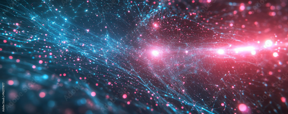 Poster pulsating digital galaxy of interconnected particles in vibrant colors. mesmerizing blend of blue an