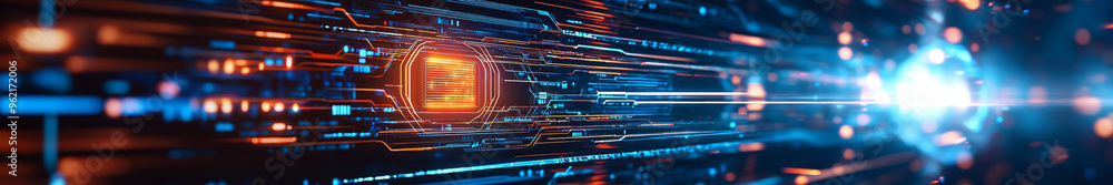 Poster holographic abstract panel with glowing circuits and vibrant colors creates futuristic atmosphere.