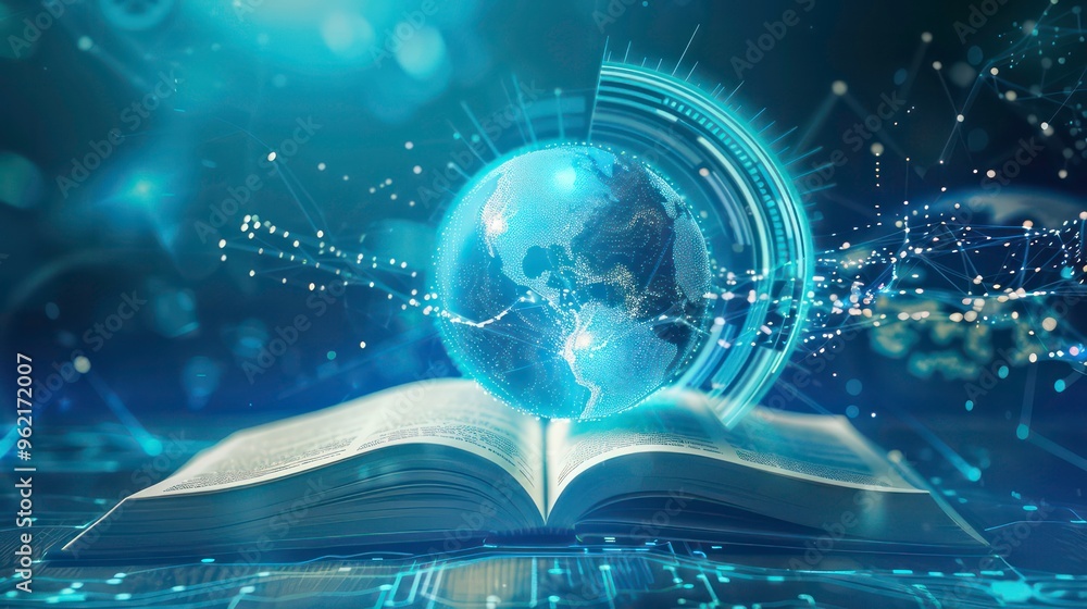 Poster open book with glowing digital globe and network connections.