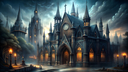 Obraz premium Haunted mansion night, gothic architecture, candles, fog, gloomy sky, light in windows, mystical atmosphere