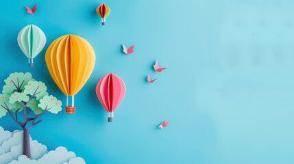 Obraz premium Paper craft hot air balloons, a tree, clouds, and butterflies on a blue background.