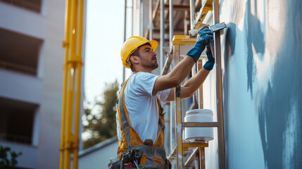 Construction Worker in Hard Hat Painting Building Exterior on Scaffolding