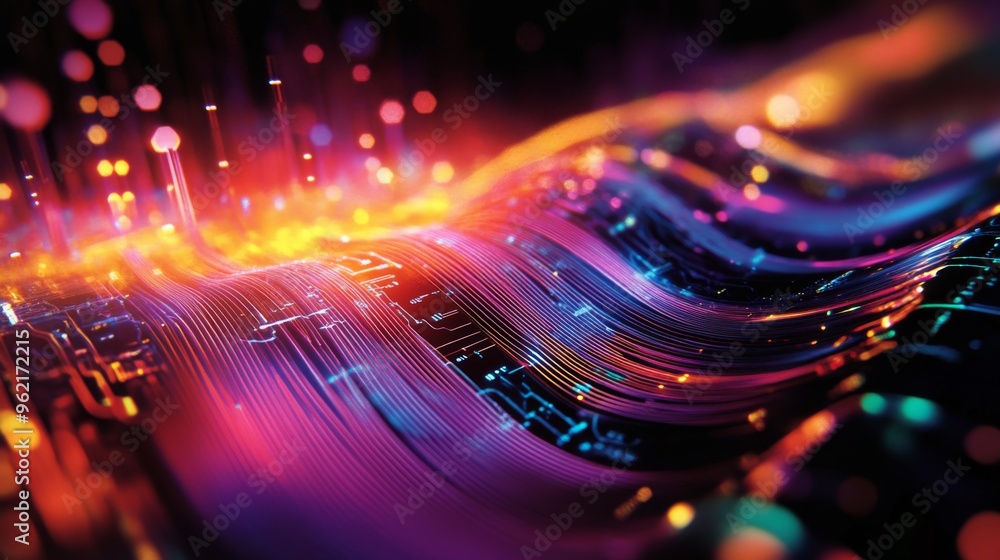 Poster colorful electric waves spreading across a circuit board, illustrating the power and complexity of e