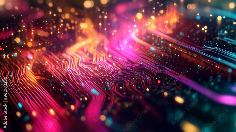 Poster colorful electric waves spreading across a circuit board, illustrating the power and complexity of e