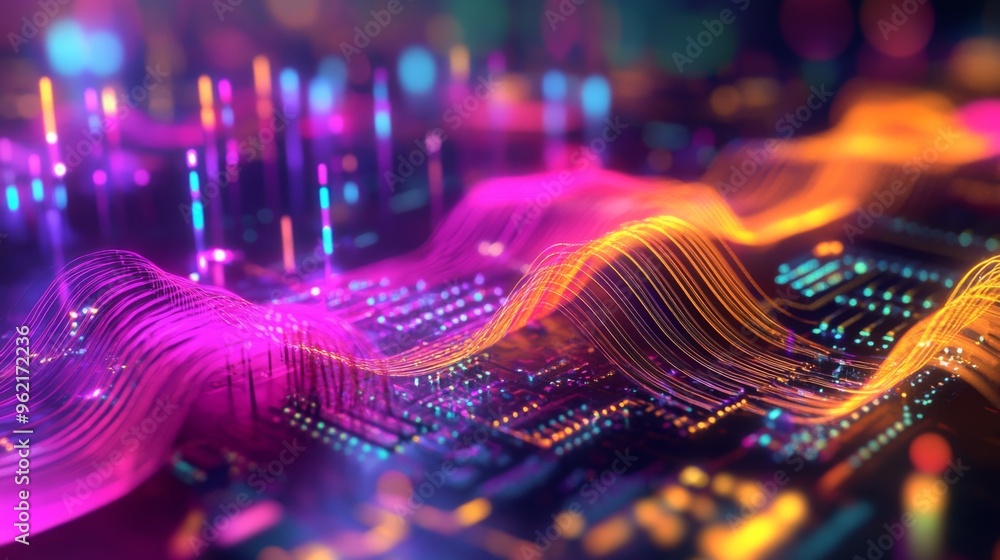 Poster colorful electric waves spreading across a circuit board, illustrating the power and complexity of e