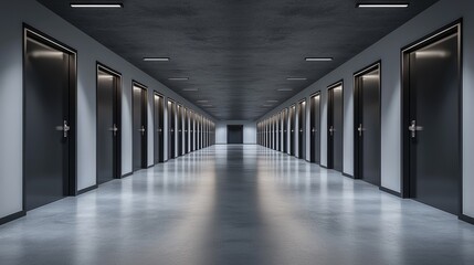 boxes outside new storage unit hall , with a white and black color theme black doors for the storage rooms.