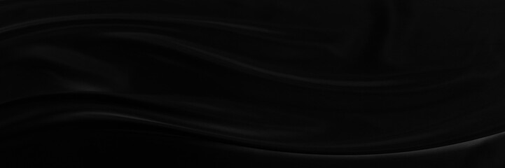 Black gray satin dark fabric texture luxurious shiny that is abstract silk cloth panorama background with patterns soft waves blur beautiful.