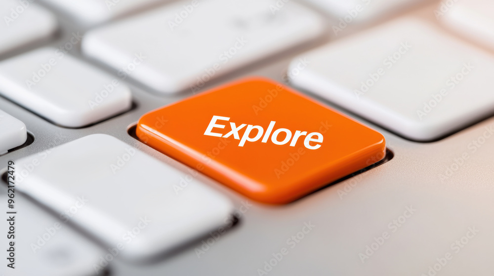 Poster a close up of a computer keyboard with an orange button labeled explore, ai