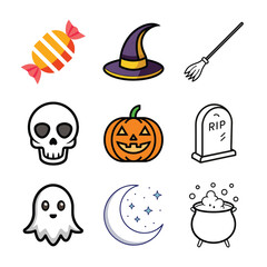 Halloween Icon Set: Bubbling Cauldron, Ghost, Pumpkin, Witch Hat, Skull, Gravestone, Broomstick, Candy & Crescent Moon for App, Website, and Graphic Design