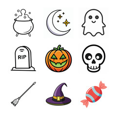 Halloween Icon Set: Bubbling Cauldron, Ghost, Pumpkin, Witch Hat, Skull, Gravestone, Broomstick, Candy & Crescent Moon for App, Website, and Graphic Design