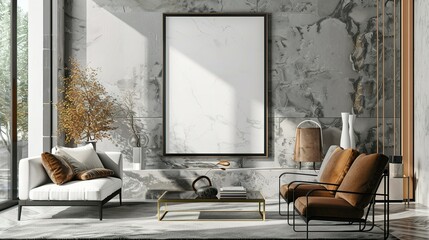 Mock-up of a poster frame in a modern living room with an Art Deco style. 3D render and illustration.