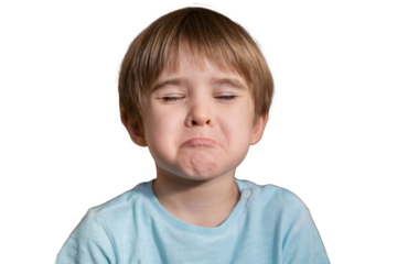 PNG Boy toddler sticker close-up, he is playing and posing, grimacing, making funny face. The child makes a grimace as if he is upset