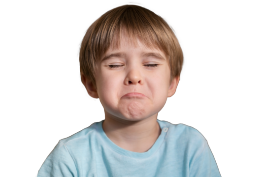 PNG Boy toddler sticker close-up, he is playing and posing, grimacing, making funny face. The child makes a grimace as if he is upset