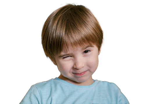 PNG Sticker of smiling charming little toddler boy. He is giving a wink